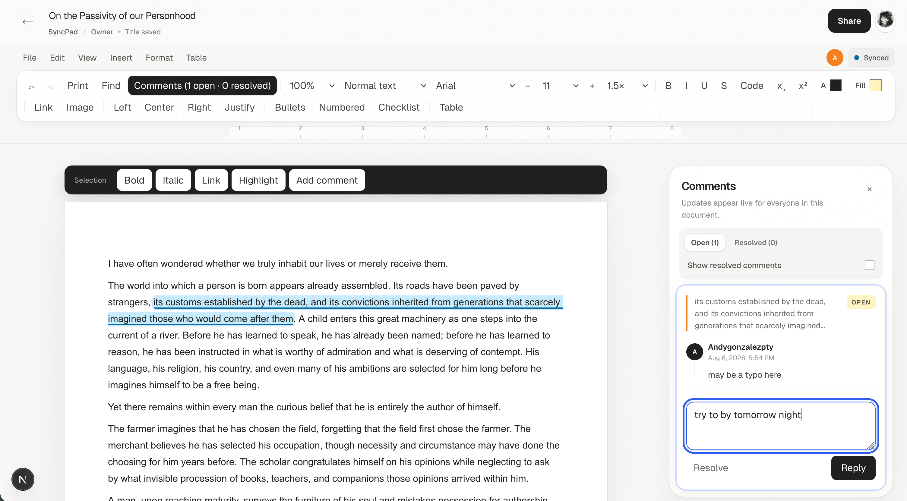 SyncPad collaborative document editor interface